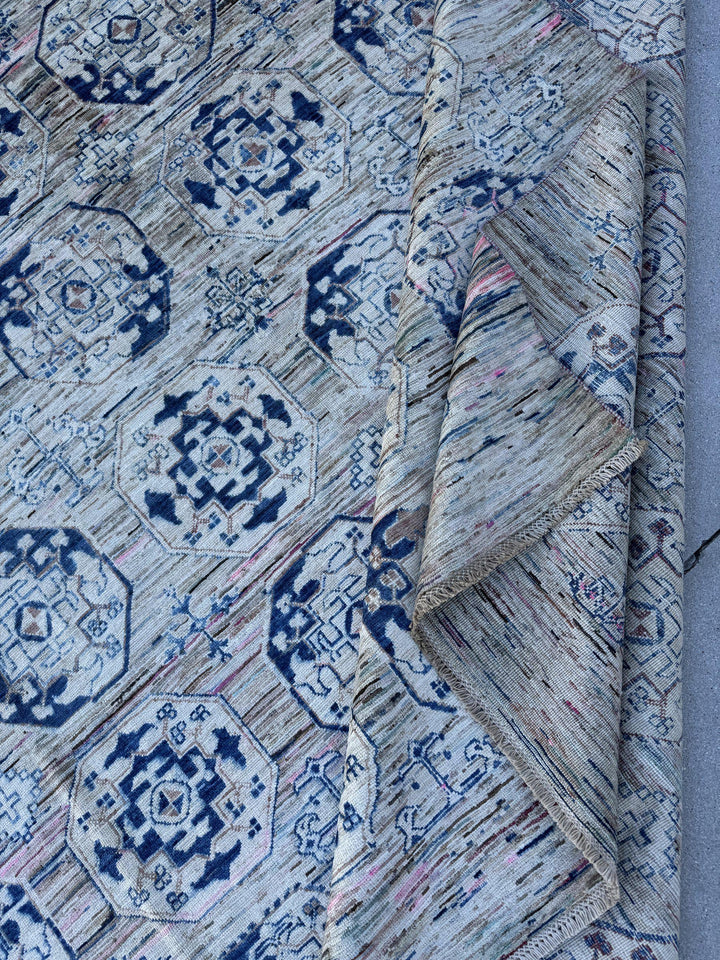 9x12 Handmade Afghan Wool Rug | Beige and Navy Blue Modern Tribal Geometric Area Rug | Striated Neutral with Blush Hints | Hand-Knotted
