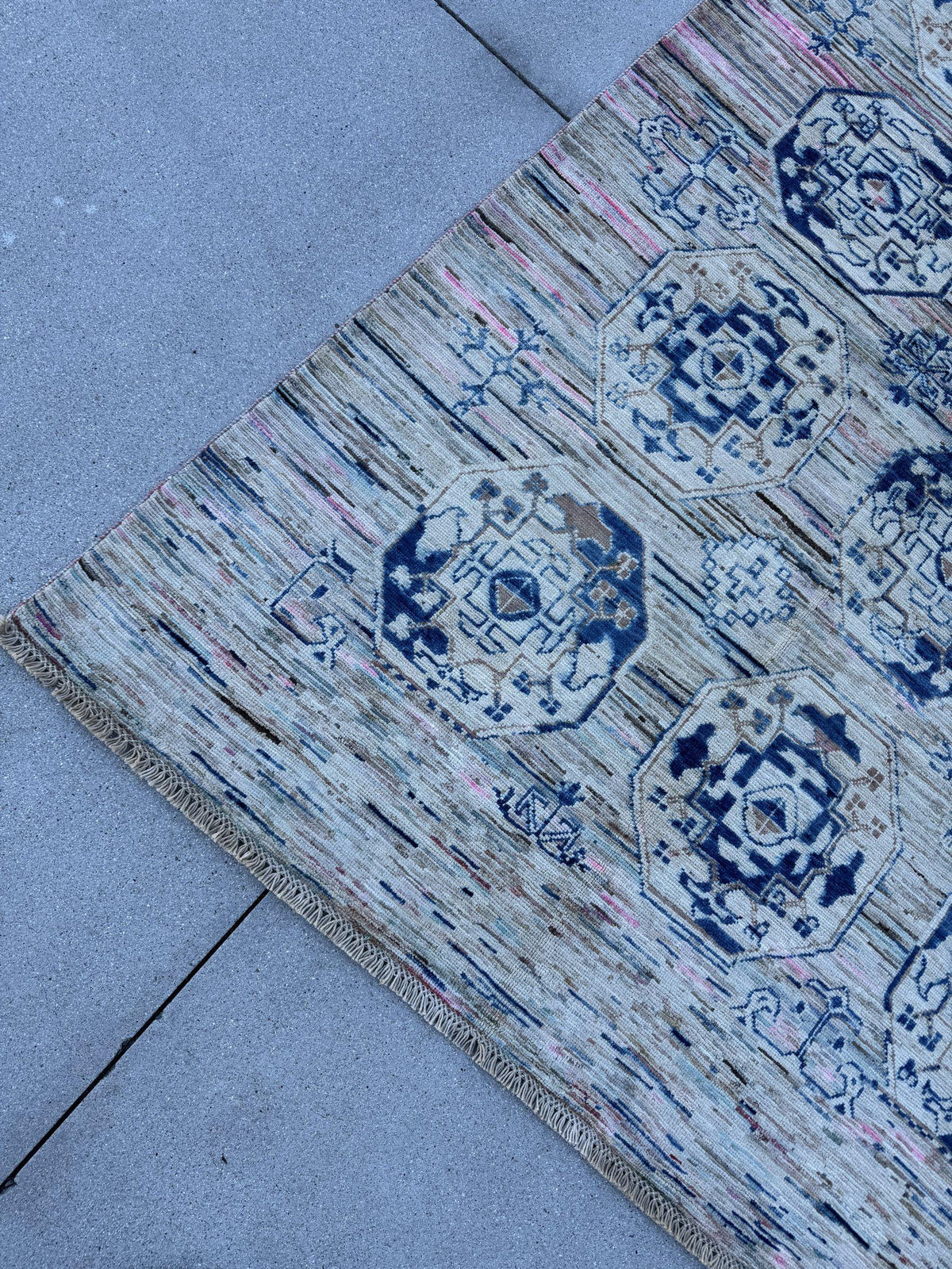 9x12 Handmade Afghan Wool Rug | Beige and Navy Blue Modern Tribal Geometric Area Rug | Striated Neutral with Blush Hints | Hand-Knotted