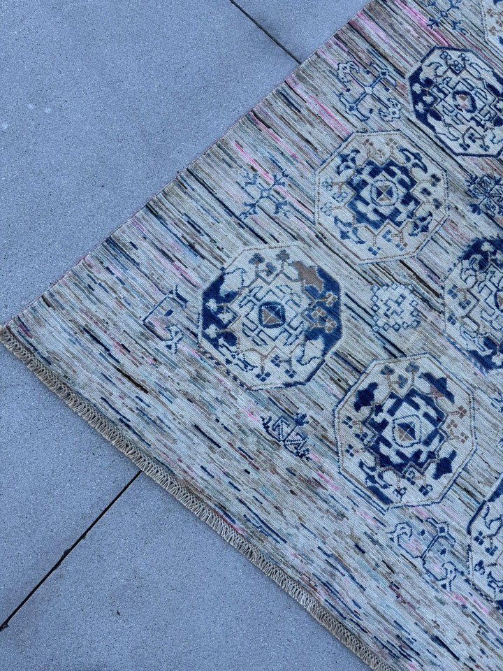 9x12 Handmade Afghan Wool Rug | Beige and Navy Blue Modern Tribal Geometric Area Rug | Striated Neutral with Blush Hints | Hand-Knotted