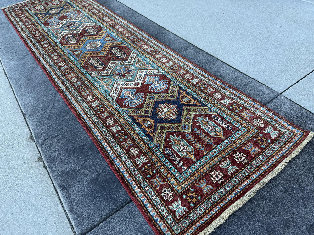 3x10 Handmade Afghan Wool Runner Rug | Brick Red and Turquoise Tribal Geometric Hallway Runner | Navy and Gold | Hand-Knotted Carpet