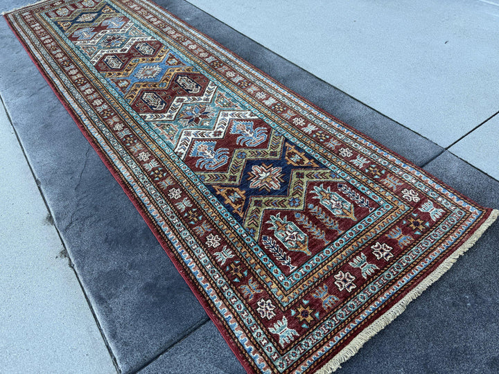 3x10 Handmade Afghan Wool Runner Rug | Brick Red and Turquoise Tribal Geometric Hallway Runner | Navy and Gold | Hand-Knotted Carpet