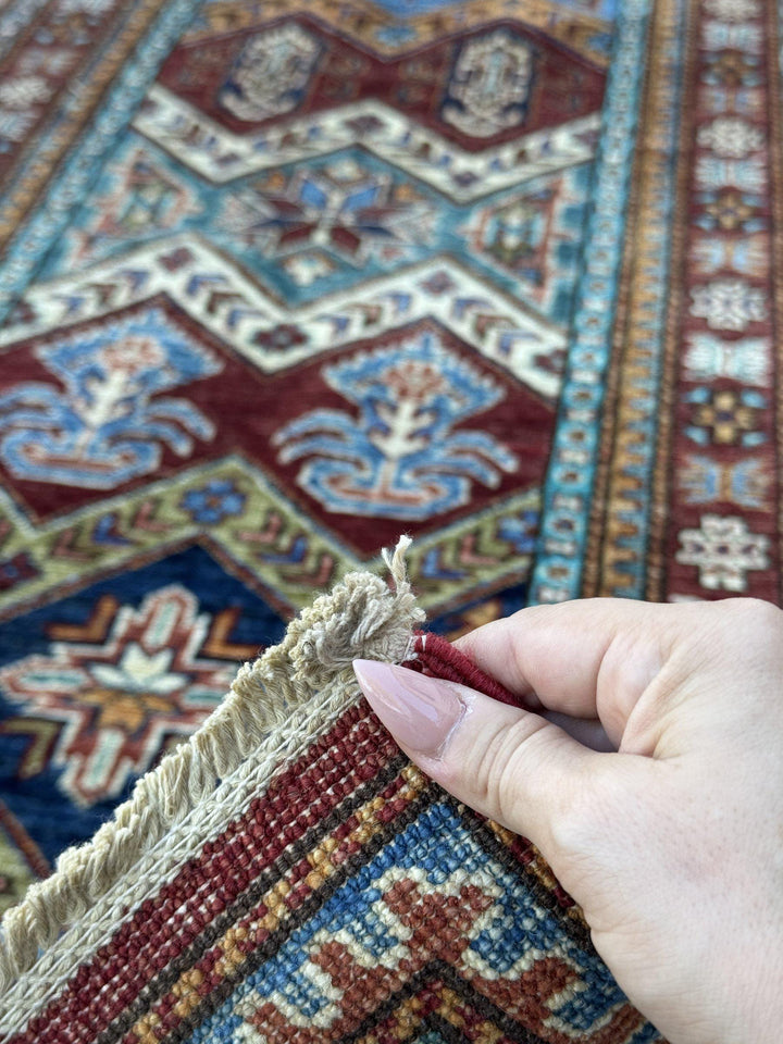 3x10 Handmade Afghan Wool Runner Rug | Brick Red and Turquoise Tribal Geometric Hallway Runner | Navy and Gold | Hand-Knotted Carpet