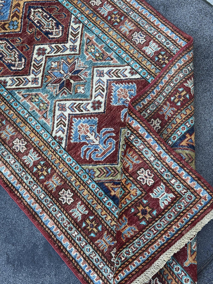 3x10 Handmade Afghan Wool Runner Rug | Brick Red and Turquoise Tribal Geometric Hallway Runner | Navy and Gold | Hand-Knotted Carpet