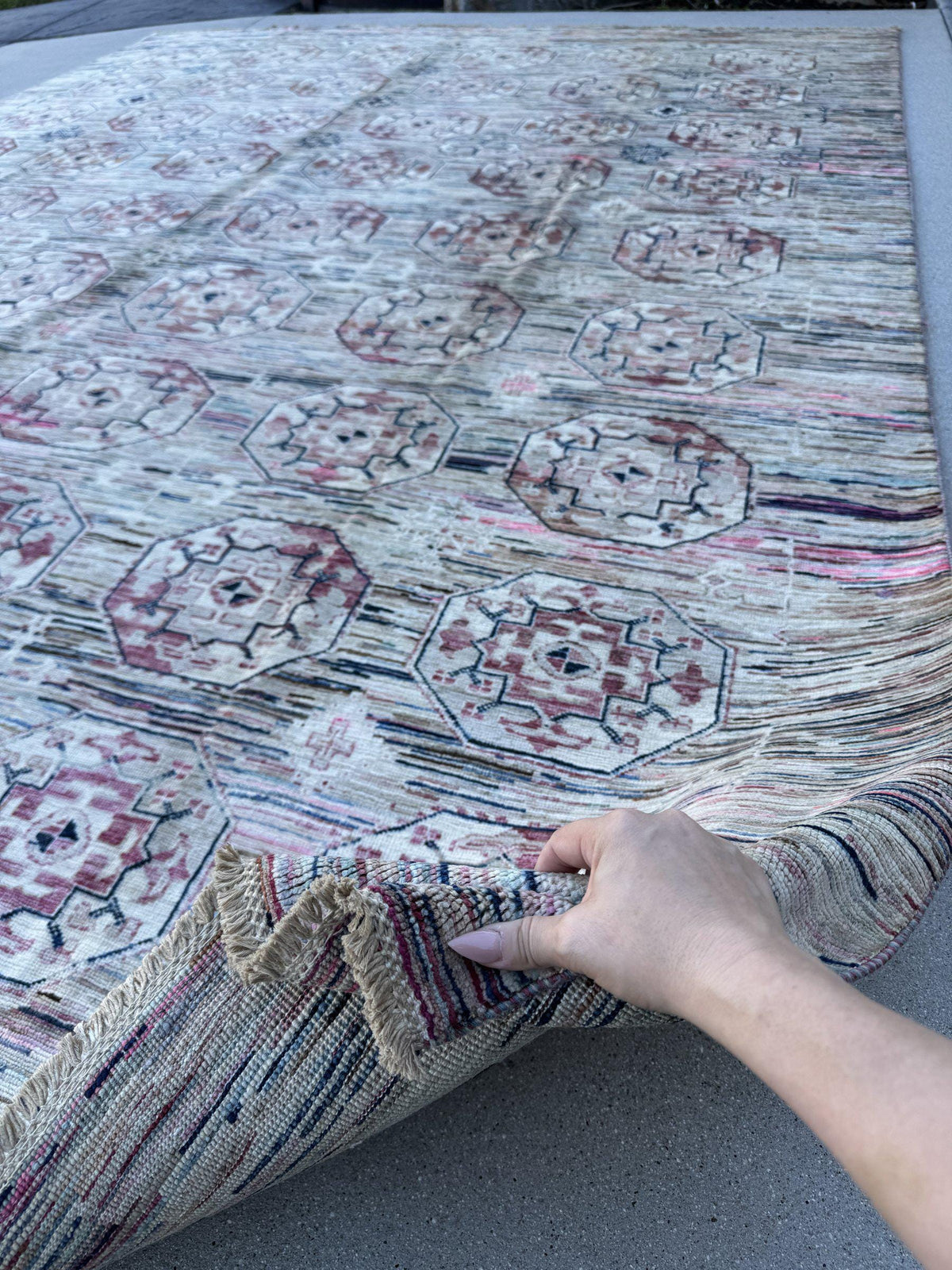 9x12 Handmade Afghan Wool Rug | Ivory and Blush Pink Modern Tribal Geometric Area Rug | Striated Pastel with Charcoal | Hand-Knotted
