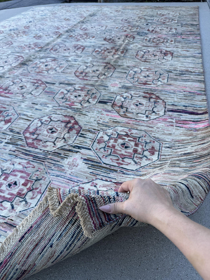 9x12 Handmade Afghan Wool Rug | Ivory and Blush Pink Modern Tribal Geometric Area Rug | Striated Pastel with Charcoal | Hand-Knotted
