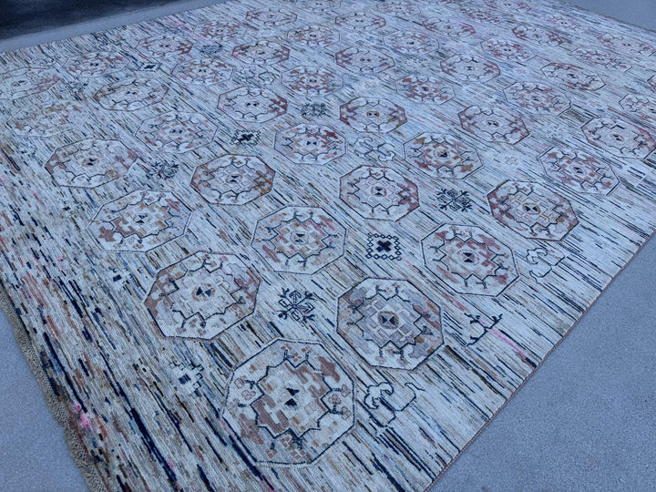 9x12 Handmade Afghan Wool Rug | Ivory and Blush Pink Modern Tribal Geometric Area Rug | Striated Pastel with Charcoal | Hand-Knotted