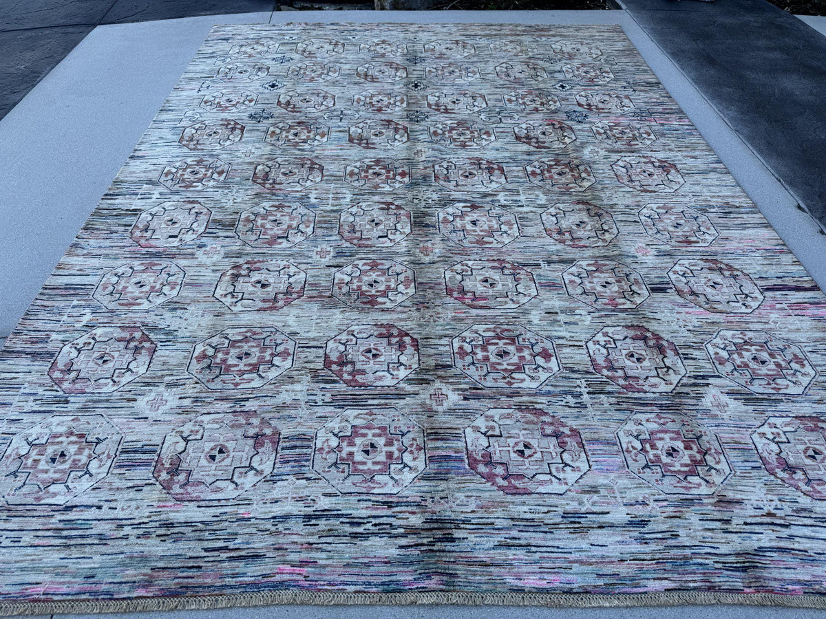 9x12 Handmade Afghan Wool Rug | Ivory and Blush Pink Modern Tribal Geometric Area Rug | Striated Pastel with Charcoal | Hand-Knotted