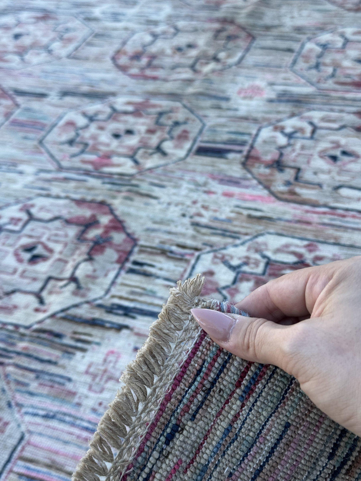 9x12 Handmade Afghan Wool Rug | Ivory and Blush Pink Modern Tribal Geometric Area Rug | Striated Pastel with Charcoal | Hand-Knotted