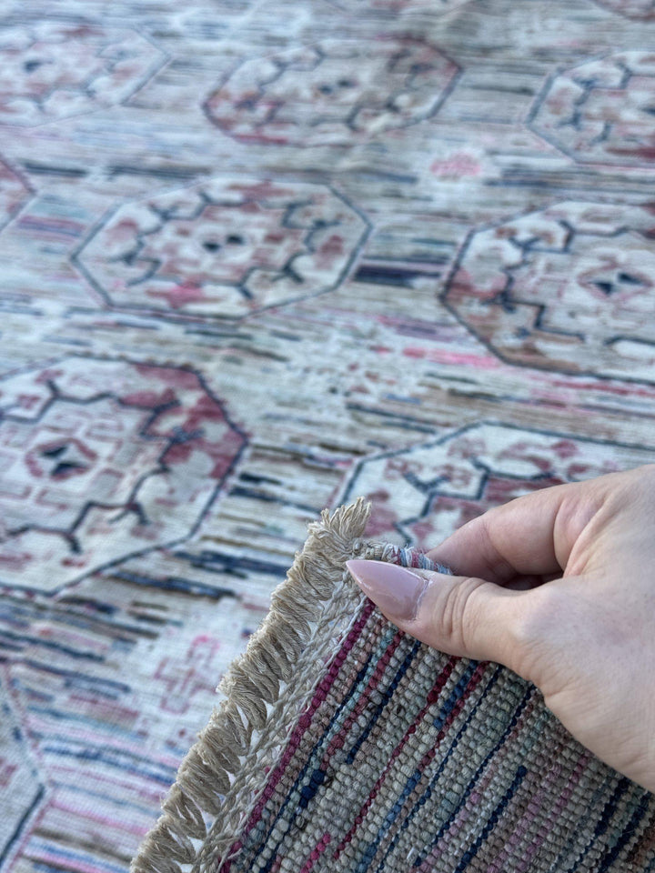 9x12 Handmade Afghan Wool Rug | Ivory and Blush Pink Modern Tribal Geometric Area Rug | Striated Pastel with Charcoal | Hand-Knotted