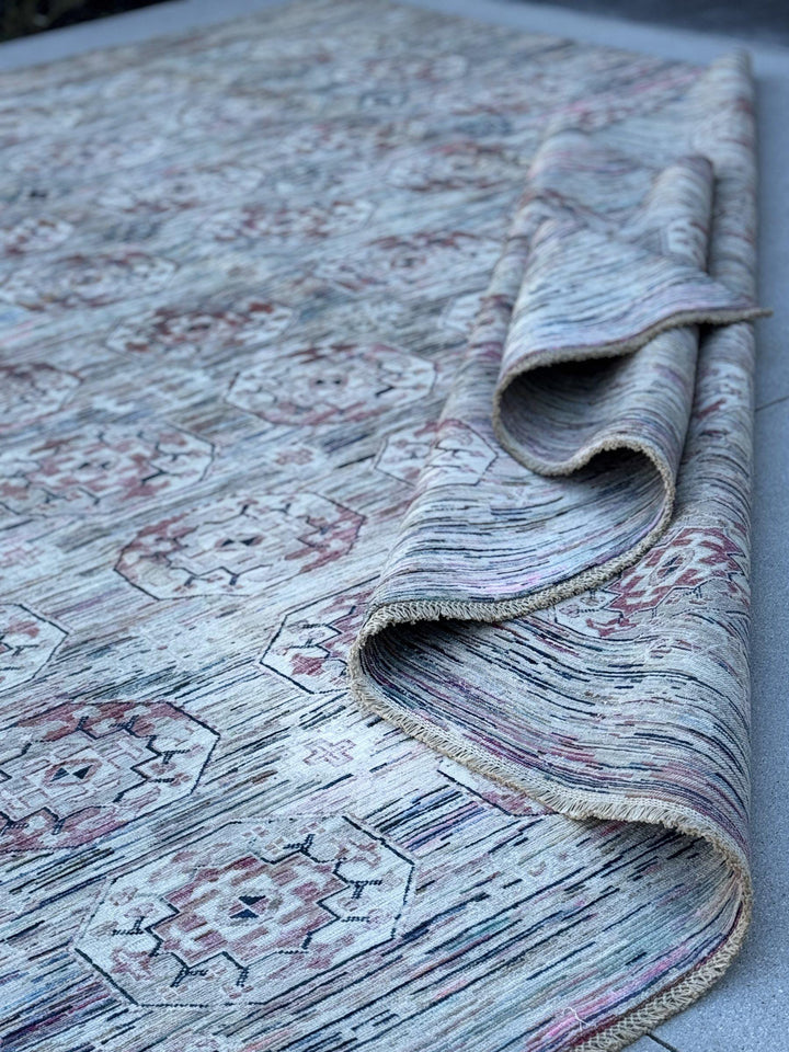 9x12 Handmade Afghan Wool Rug | Ivory and Blush Pink Modern Tribal Geometric Area Rug | Striated Pastel with Charcoal | Hand-Knotted