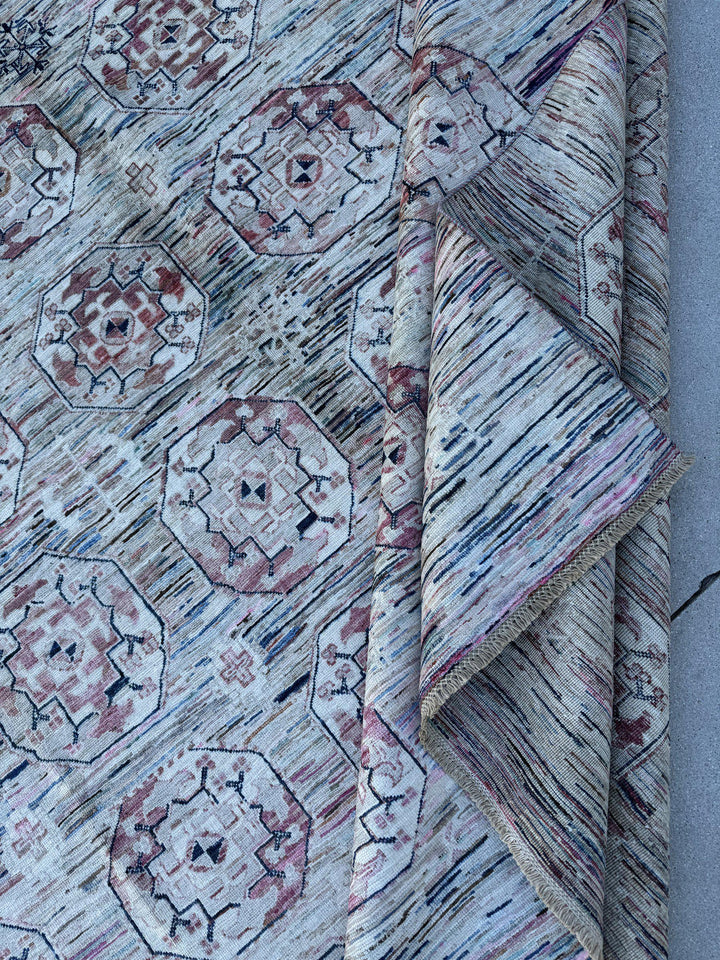 9x12 Handmade Afghan Wool Rug | Ivory and Blush Pink Modern Tribal Geometric Area Rug | Striated Pastel with Charcoal | Hand-Knotted