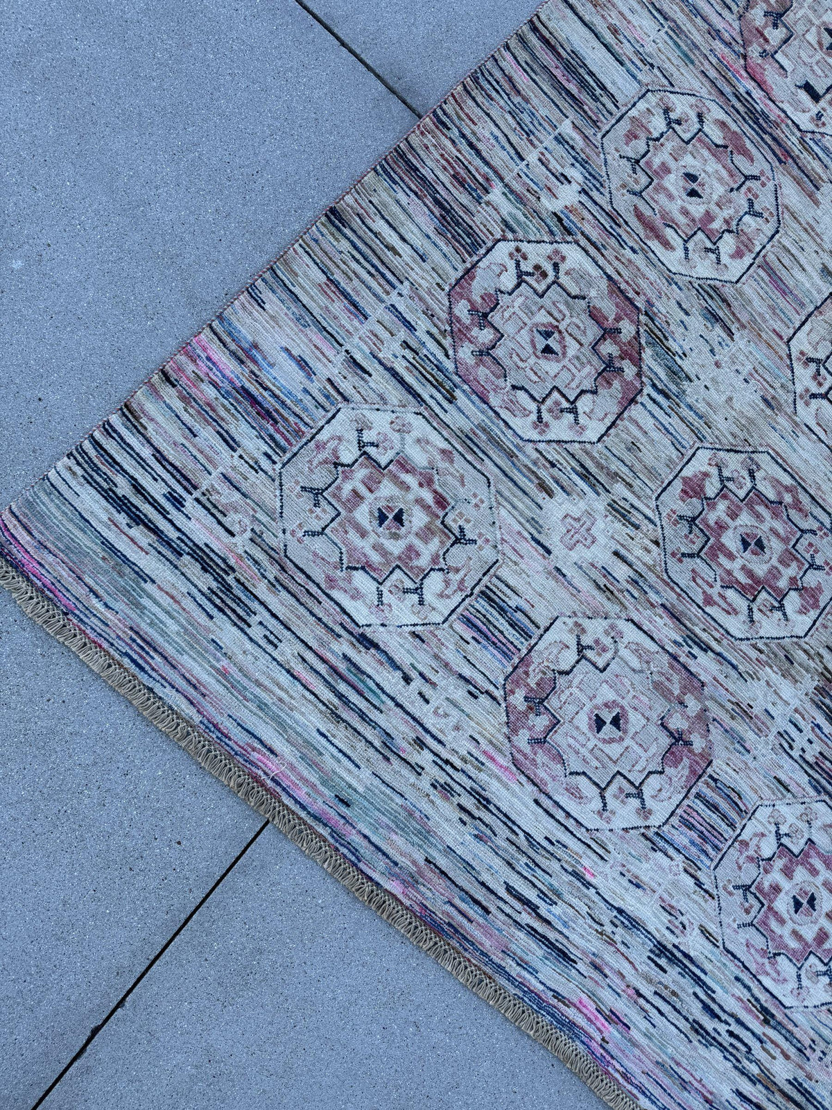 9x12 Handmade Afghan Wool Rug | Ivory and Blush Pink Modern Tribal Geometric Area Rug | Striated Pastel with Charcoal | Hand-Knotted