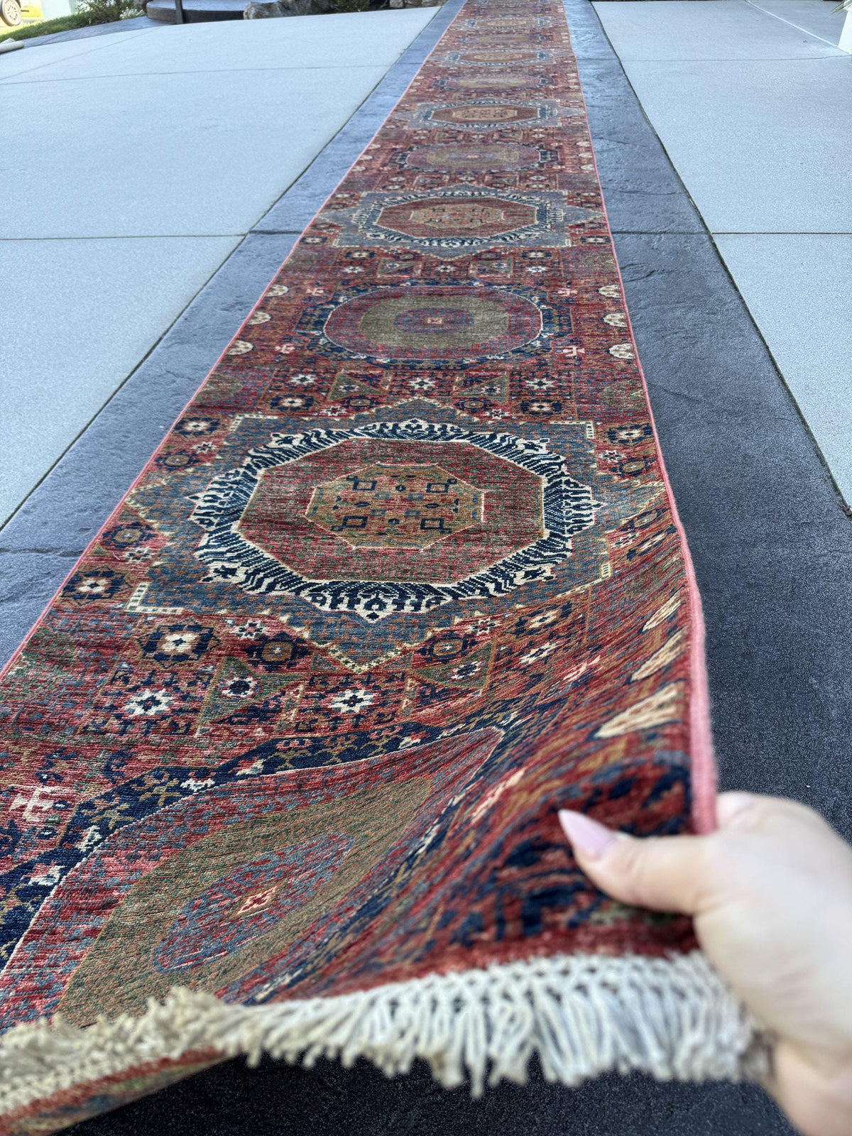 3x29 Handmade Afghan Wool Runner Rug | Extra Long Coral Red Mamluk Medallion Hallway Runner | Navy and Denim Blue | Hand-Knotted Carpet