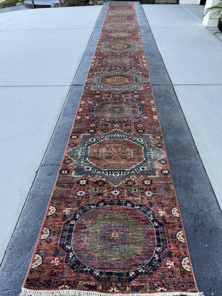 3x29 Handmade Afghan Wool Runner Rug | Extra Long Coral Red Mamluk Medallion Hallway Runner | Navy and Denim Blue | Hand-Knotted Carpet