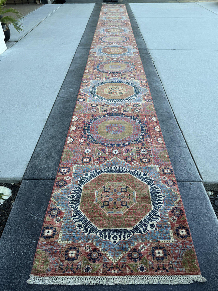 3x29 Handmade Afghan Wool Runner Rug | Extra Long Coral Red Mamluk Medallion Hallway Runner | Navy and Denim Blue | Hand-Knotted Carpet