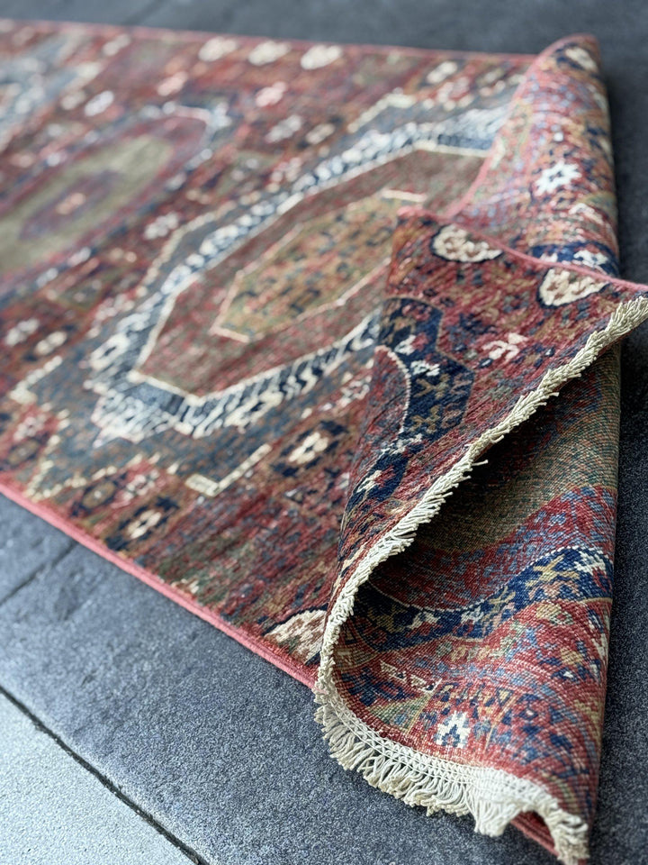 3x29 Handmade Afghan Wool Runner Rug | Extra Long Coral Red Mamluk Medallion Hallway Runner | Navy and Denim Blue | Hand-Knotted Carpet