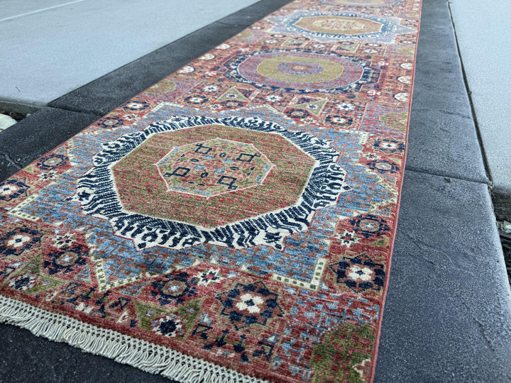3x29 Handmade Afghan Wool Runner Rug | Extra Long Coral Red Mamluk Medallion Hallway Runner | Navy and Denim Blue | Hand-Knotted Carpet