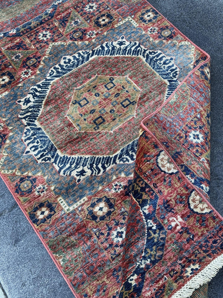 3x29 Handmade Afghan Wool Runner Rug | Extra Long Coral Red Mamluk Medallion Hallway Runner | Navy and Denim Blue | Hand-Knotted Carpet