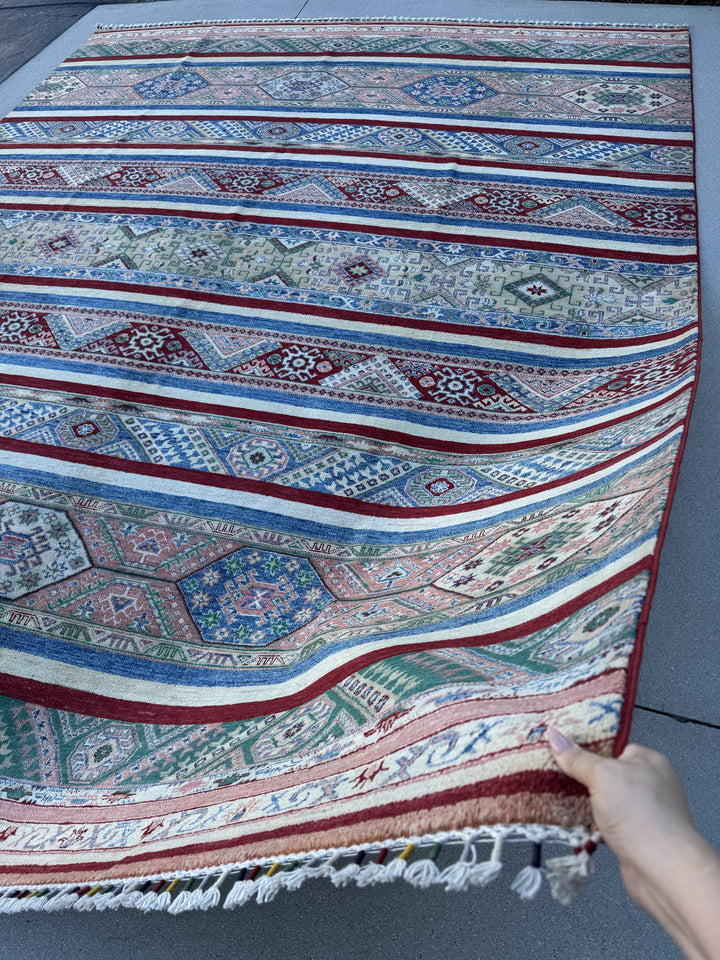 9x11 Handmade Afghan Wool Rug | Colorful Striped Tribal Area Rug in Salmon Pink, Blue and Green | Hand-Knotted Boho Geometric Carpet