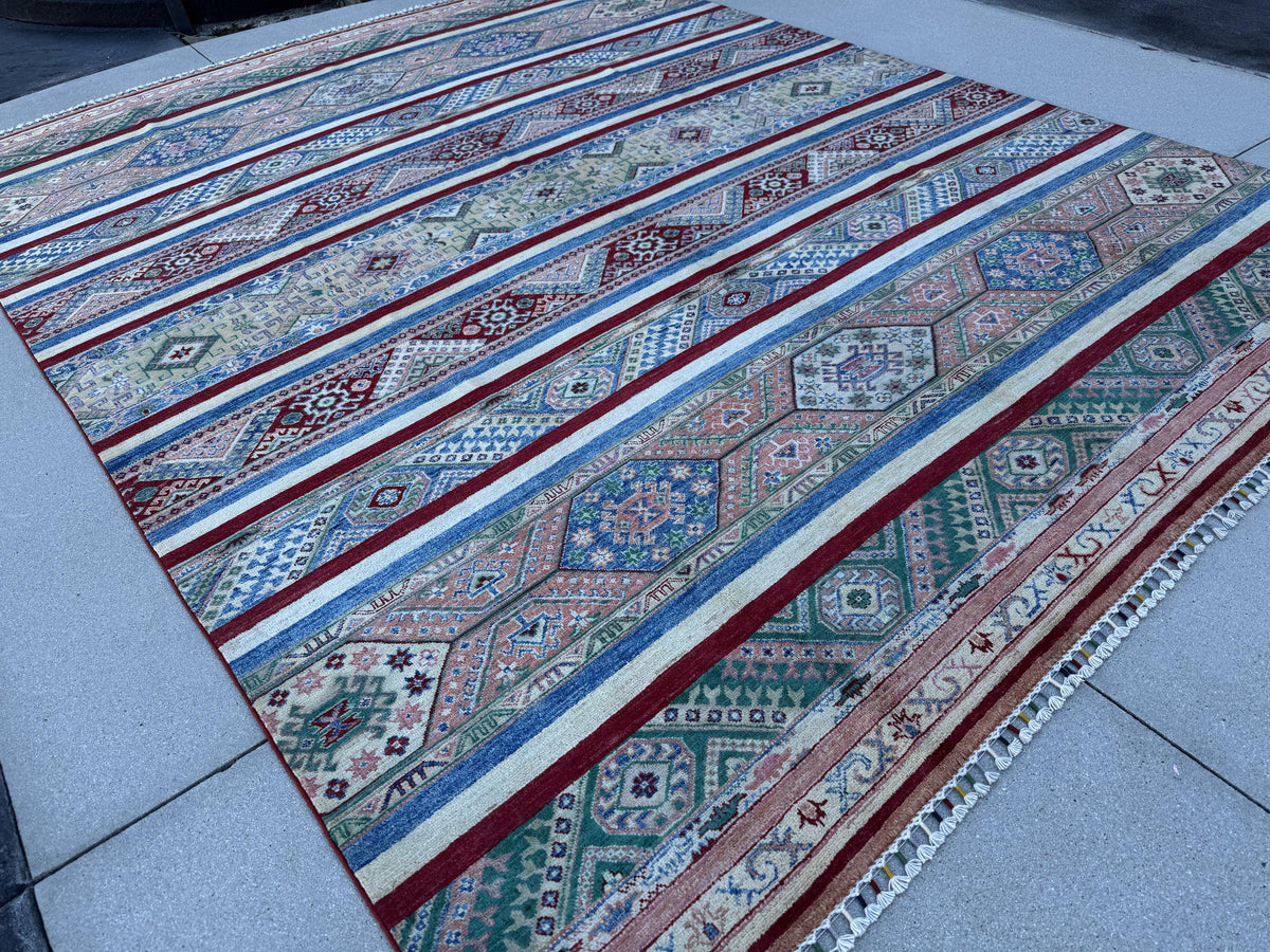 9x11 Handmade Afghan Wool Rug | Colorful Striped Tribal Area Rug in Salmon Pink, Blue and Green | Hand-Knotted Boho Geometric Carpet