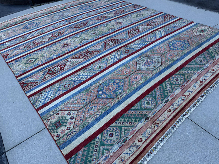 9x11 Handmade Afghan Wool Rug | Colorful Striped Tribal Area Rug in Salmon Pink, Blue and Green | Hand-Knotted Boho Geometric Carpet