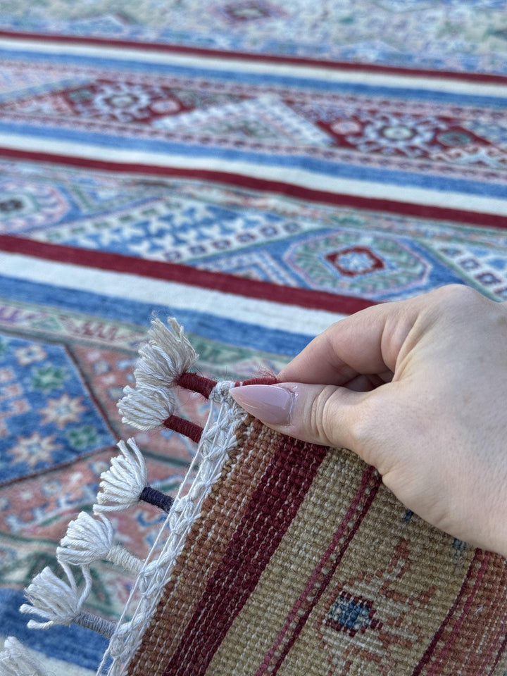 9x11 Handmade Afghan Wool Rug | Colorful Striped Tribal Area Rug in Salmon Pink, Blue and Green | Hand-Knotted Boho Geometric Carpet