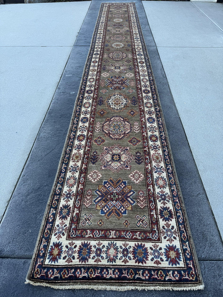 3x19 Handmade Afghan Wool Runner Rug | Extra Long Olive Green Tribal Geometric Hallway Runner | Ivory and Navy Border | Hand-Knotted