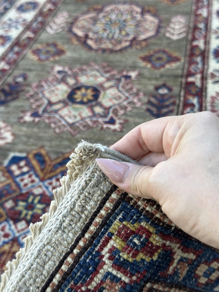 3x19 Handmade Afghan Wool Runner Rug | Extra Long Olive Green Tribal Geometric Hallway Runner | Ivory and Navy Border | Hand-Knotted