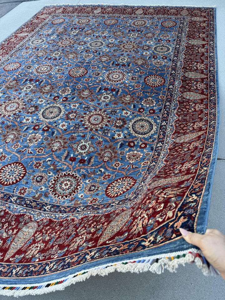 9x12 Handmade Afghan Wool Rug | Sky Blue Floral Rosette Area Rug with Crimson Red Border | Navy and Ivory | Hand-Knotted Fine Carpet
