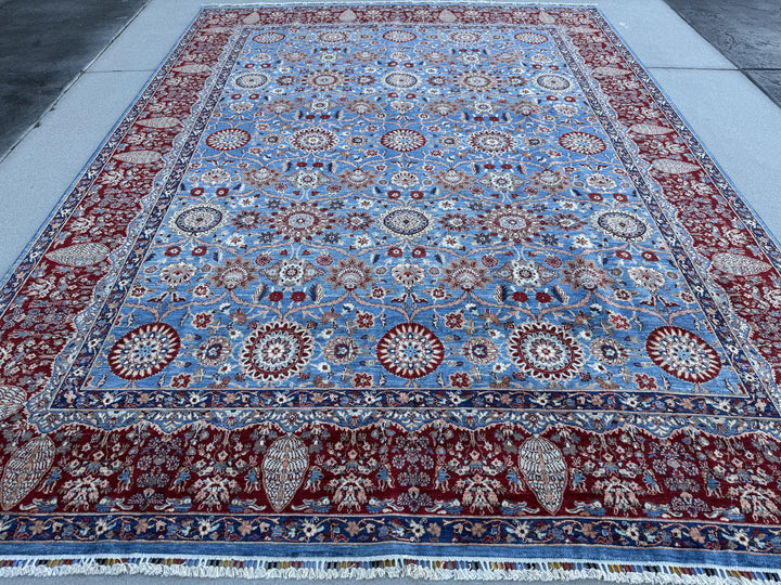 9x12 Handmade Afghan Wool Rug | Sky Blue Floral Rosette Area Rug with Crimson Red Border | Navy and Ivory | Hand-Knotted Fine Carpet