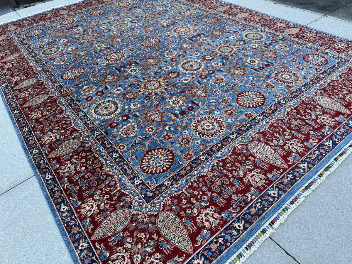9x12 Handmade Afghan Wool Rug | Sky Blue Floral Rosette Area Rug with Crimson Red Border | Navy and Ivory | Hand-Knotted Fine Carpet