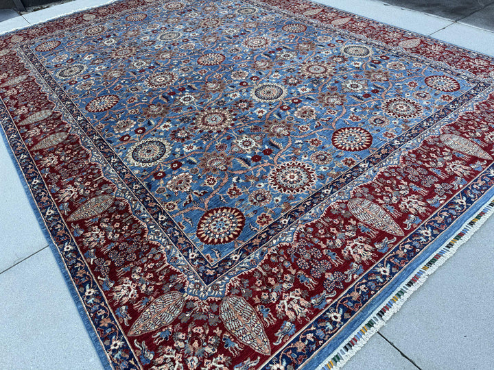 9x12 Handmade Afghan Wool Rug | Sky Blue Floral Rosette Area Rug with Crimson Red Border | Navy and Ivory | Hand-Knotted Fine Carpet