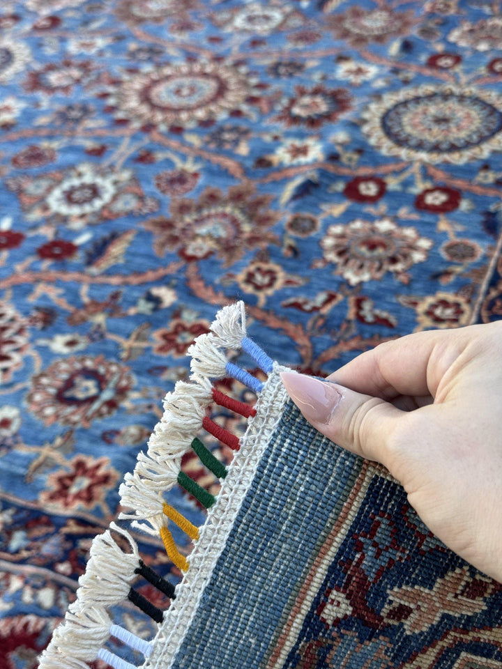 9x12 Handmade Afghan Wool Rug | Sky Blue Floral Rosette Area Rug with Crimson Red Border | Navy and Ivory | Hand-Knotted Fine Carpet