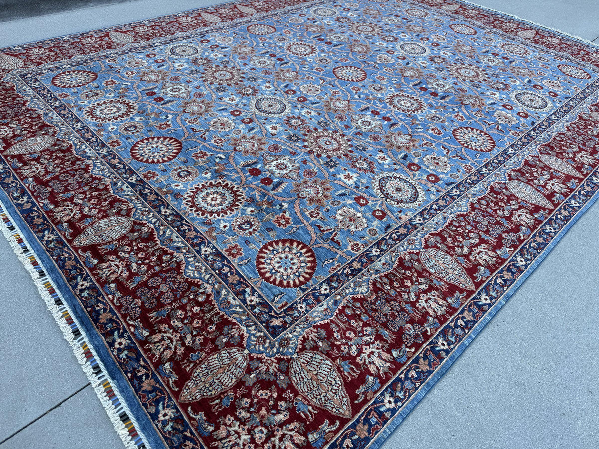 9x12 Handmade Afghan Wool Rug | Sky Blue Floral Rosette Area Rug with Crimson Red Border | Navy and Ivory | Hand-Knotted Fine Carpet