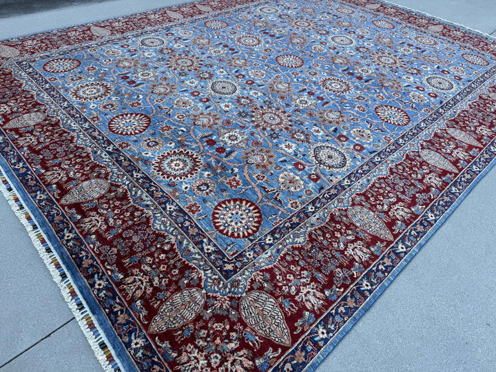 9x12 Handmade Afghan Wool Rug | Sky Blue Floral Rosette Area Rug with Crimson Red Border | Navy and Ivory | Hand-Knotted Fine Carpet
