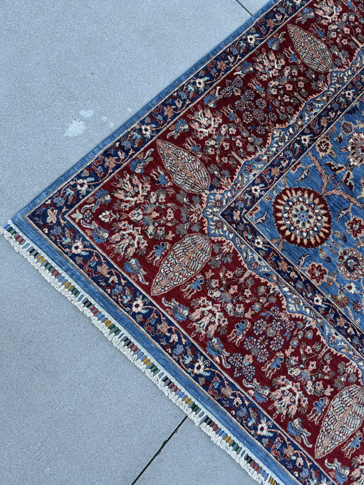 9x12 Handmade Afghan Wool Rug | Sky Blue Floral Rosette Area Rug with Crimson Red Border | Navy and Ivory | Hand-Knotted Fine Carpet