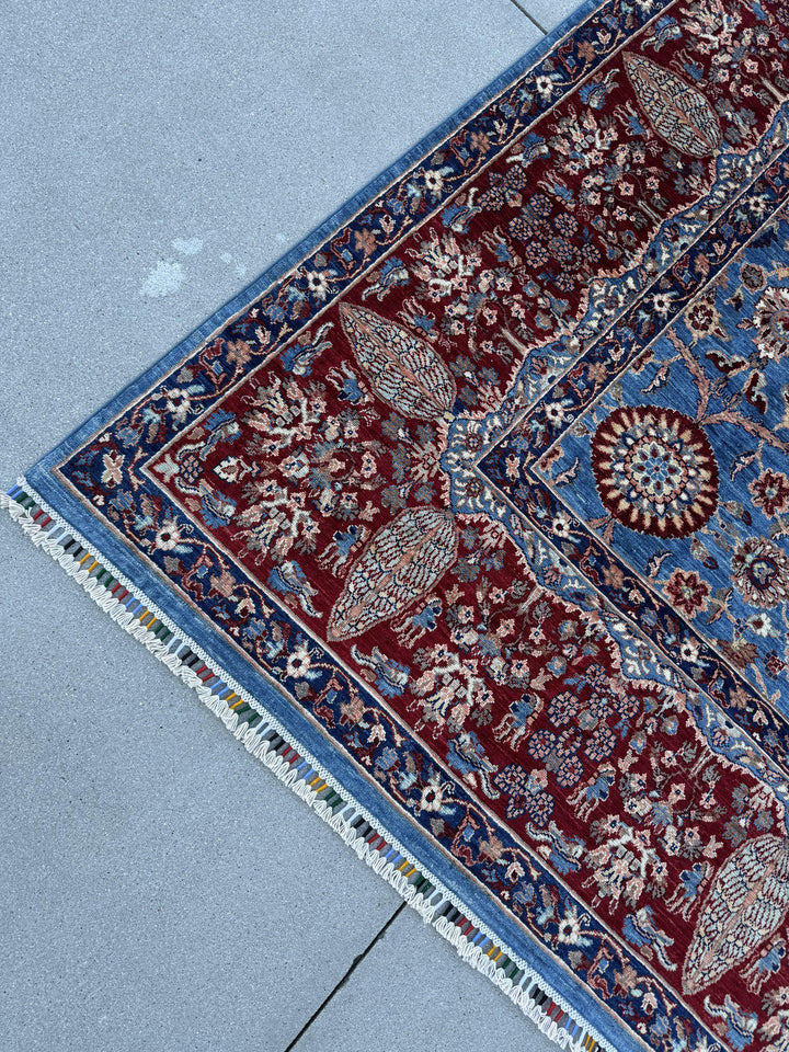 9x12 Handmade Afghan Wool Rug | Sky Blue Floral Rosette Area Rug with Crimson Red Border | Navy and Ivory | Hand-Knotted Fine Carpet