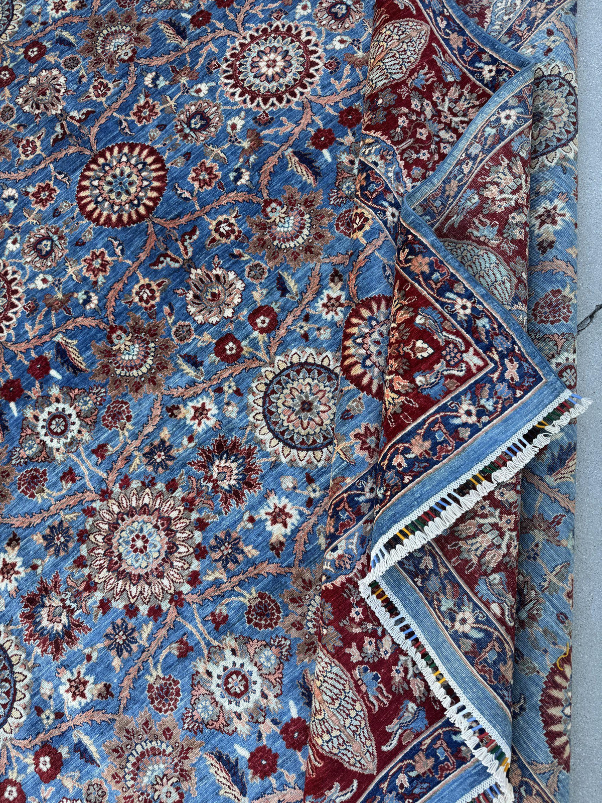 9x12 Handmade Afghan Wool Rug | Sky Blue Floral Rosette Area Rug with Crimson Red Border | Navy and Ivory | Hand-Knotted Fine Carpet