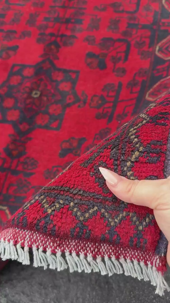 3x4 (91x121) Handmade Afghan Rug | Crimson Scarlet Blood Red Black Midnight Blue Cream | Wool Khal Mohammadi Traditional