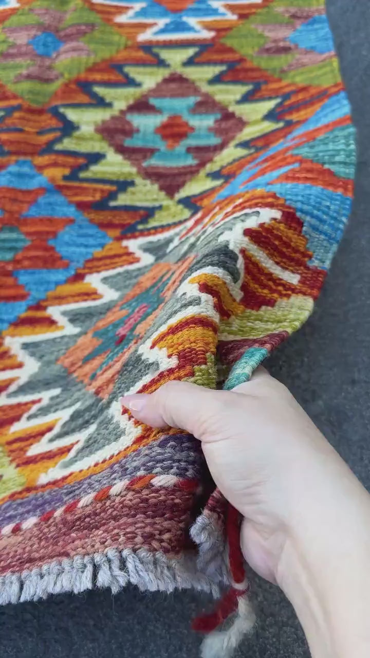 2x5 Handmade Afghan Kilim Runner Rug | Burnt Orange Rust Red Mustard Yellow Olive Green Teal Aqua Blue Cream White Navy Maroon Grey | Wool