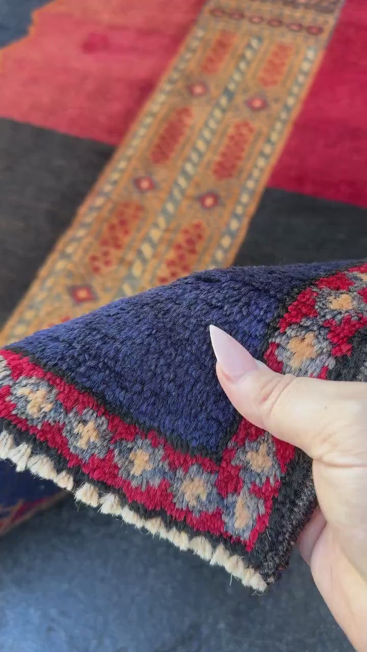 3x5 Handmade Vintage Afghan Baluch Rug | Midnight Navy Blue Gold Saffron Orange Blood Crimson Red Cream Tan Black | Wool Traditional