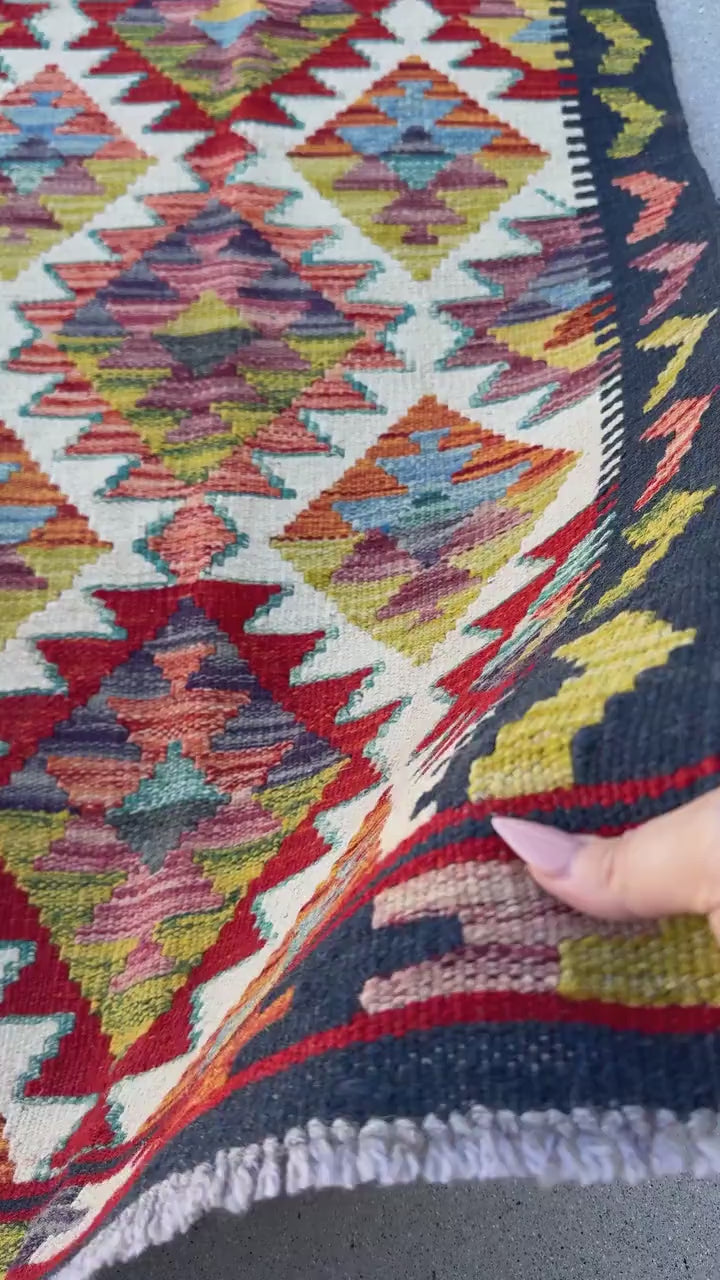 2x5 Handmade Afghan Kilim Runner Rug | Midnight Navy Denim Blue Purple Crimson Brick Red Orange Olive Moss Green White Cream Ivory | Wool