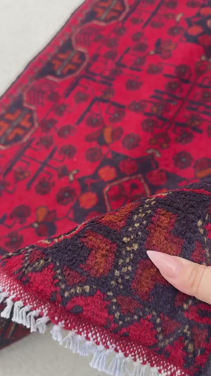 3x4 (91x121) Handmade Afghan Baluch Rug | Crimson Scarlet Blood Red Midnight Blue Orange Cream White | Wool Khal Mohammadi Floral
