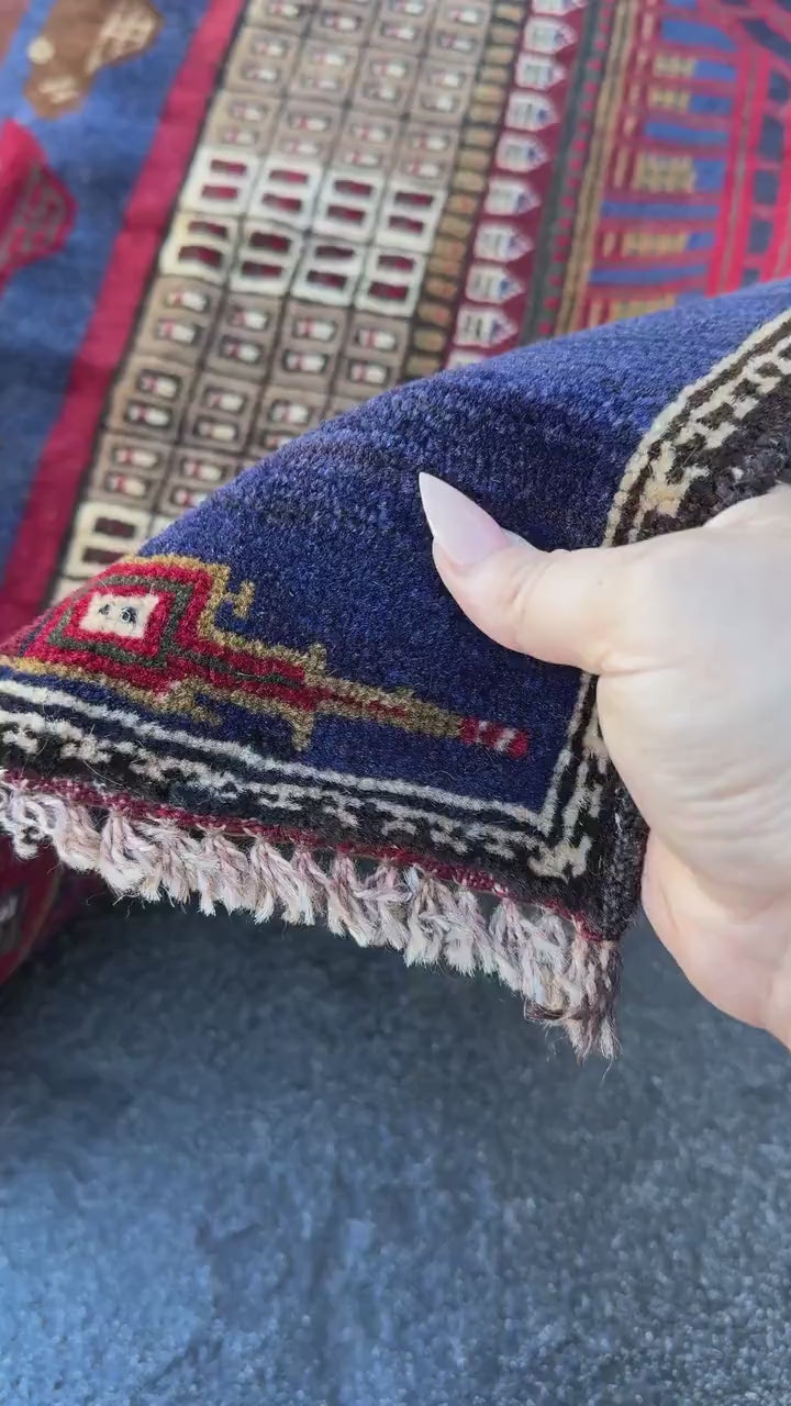 3x5 Handmade Vintage Afghan Baluch Rug | Navy Blue Crimson Blood Burgundy Red White Cream Taupe Tan Caramel Coffee Chocolate Brown Black