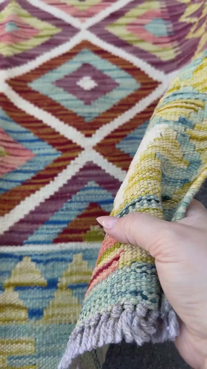 3x4 (91x121) Handmade Afghan Kilim Rug | Olive Moss Sage Green Aqua Denim Blue Eggplant Purple Brick Maroon Red Orange White Teal