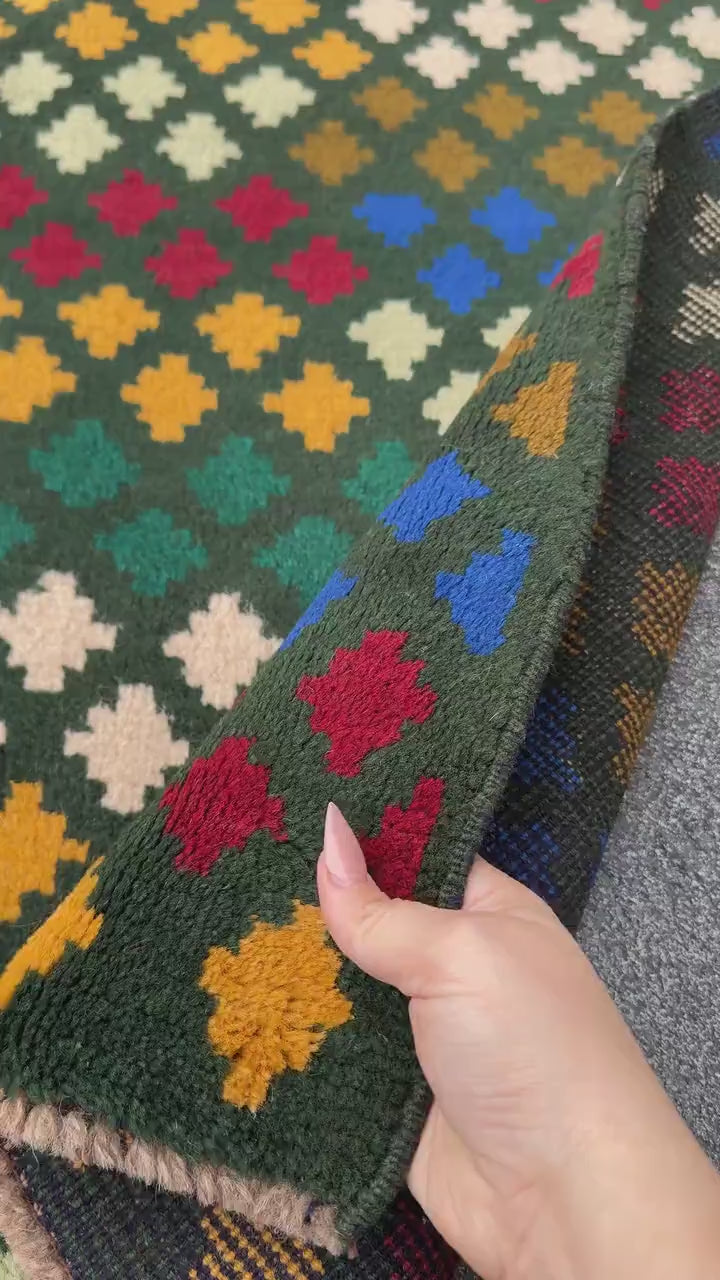 4x6 Handmade Vintage Afghan Baluch Rug | Pine Forest Mint Olive Green Cream White Mustard Yellow Gold Navy Blue Brick Red | Wool Flatwoven