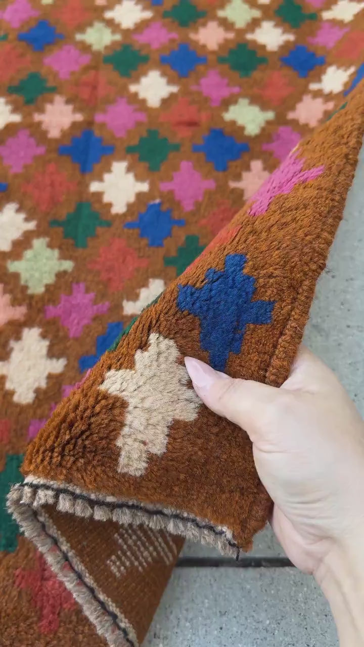 4x6 Handmade Vintage Afghan Baluch Rug | Chocolate Brown Navy Blue Rose Salmon Pink Burnt Orange Mint Forest Green Cream | Wool Flatwoven