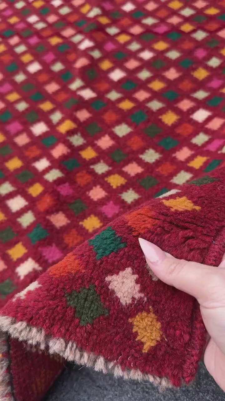 2x3 Handmade Vintage Afghan Baluch Rug | Rust Red Burnt Orange Pine Olive Mint Green Peach Rose Pink Mustard Yellow Cream White | Diamond