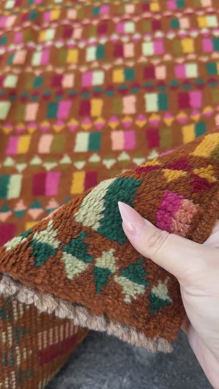 3x9 Handmade Vintage Afghan Baluch Runner Rug | Chocolate Brown Pine Mint Olive Green Rose Pink Peach Mustard Yellow Gold Brick Red | Wool