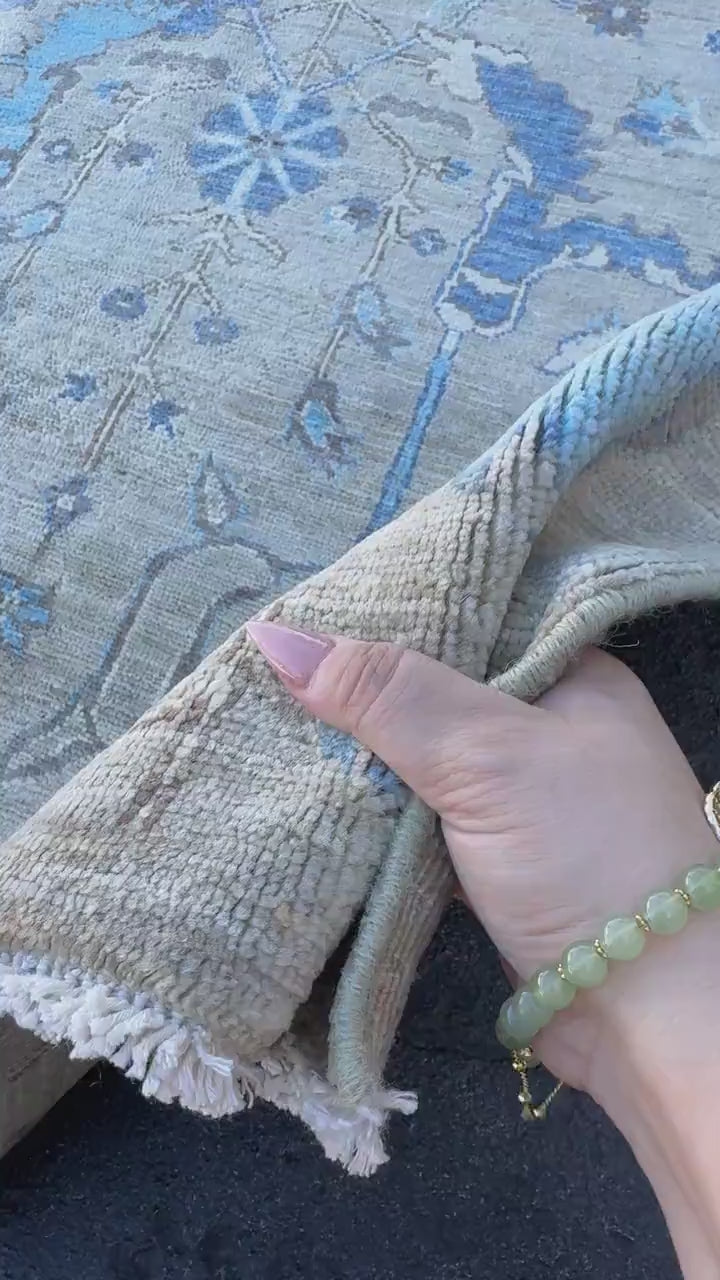 10x14 Handmade Afghan Wool Rug | Grey and Blue Oushak Design | Hand-Knotted Oriental Area Rug